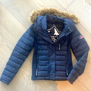 SuperDry Puffer, Fur Hooded Jacket, Denim like color XS